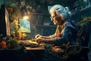 old woman gaming fictional world photo