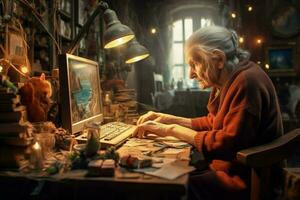 old woman gaming fictional world photo