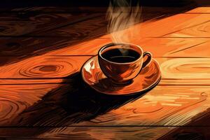 on a wooden table a cup of coffee illustration photo