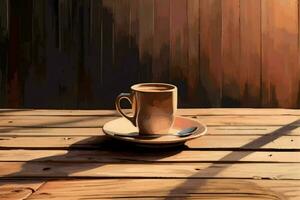 on a wooden table a cup of coffee illustration photo