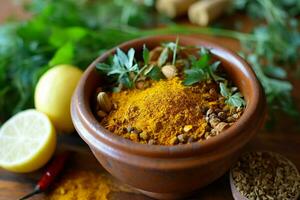 organic turmeric chili and cumin spice bowl photo