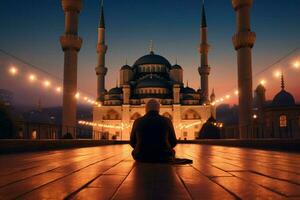 praying at the blue mosque at dusk photo