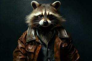 raccoon in a jacket with the word raccoon on it photo