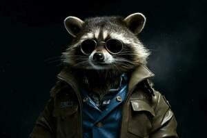 raccoon in a jacket with the word raccoon on it photo