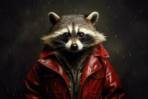 raccoon in a jacket with the word raccoon on it photo