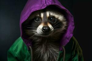 raccoon in a purple hoodie with a green hoodie photo