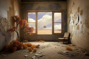 room with window and surreal view photo