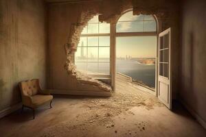 room with window and surreal view photo