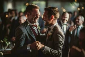 smiling gay couple dancing on their wedding day photo