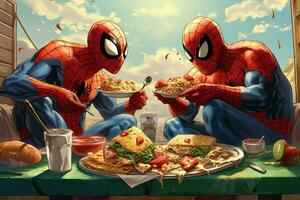 spiderman with heros friend eat foodcartoon style photo