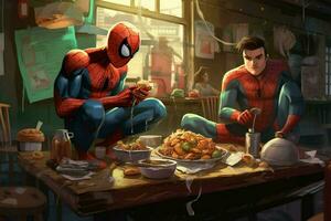spiderman with heros friend eat foodcartoon style photo