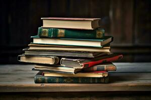 stack of textbooks on wooden table signifies educat photo