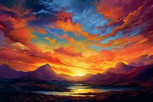 sunset sky over mountain orange yellow blue photo