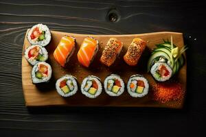 sushi rolls on wooden board photo