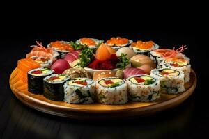 sushi rolls on wooden board photo