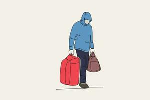 Color illustration of a migrant man carrying two bags in his hands vector