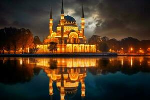 the beautiful serene mosque at night in the blessed photo