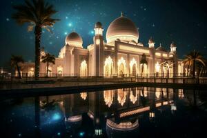 the beautiful serene mosque at night in the blessed photo