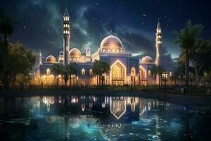 the beautiful serene mosque at night in the blessed photo