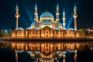 the beautiful serene mosque at night in the bless photo