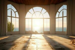 the interior of a house with a large window and a l photo