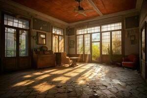 the interior of a house with a large window and a l photo