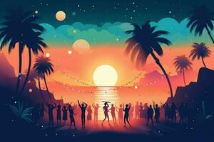 the image shows a night beach party with music an photo