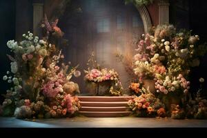 the stage of the stage with flowers and a stage photo