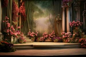 the stage of the stage with flowers and a stage photo