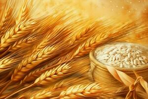 the wheat grain and flour in closeup illustration photo