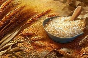 the wheat grain and flour in closeup illustration photo