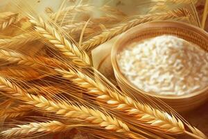 the wheat grain and flour in closeup illustration photo