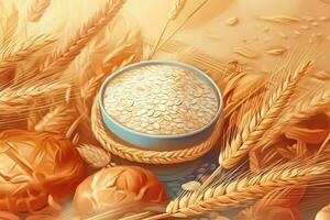 the wheat grain and flour in closeup illustration photo