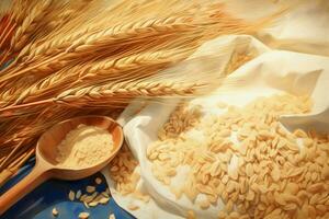 the wheat grain and flour in closeup illustration photo