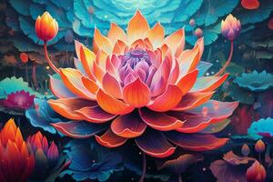 this artwork depicts a colorful lotus flower in f photo