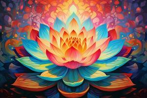 this artwork depicts a colorful lotus flower in f photo