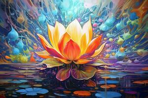 this artwork depicts a colorful lotus flower in f photo