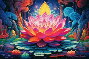 this artwork depicts a colorful lotus flower in f photo