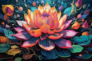 this artwork depicts a colorful lotus flower in f photo