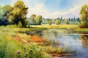 tranquil summer scenery a watercolor painting of photo