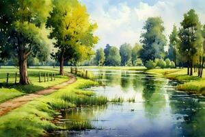 tranquil summer scenery a watercolor painting of photo