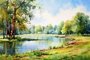 tranquil summer scenery a watercolor painting of photo