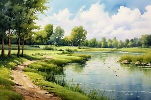 tranquil summer scenery a watercolor painting of photo