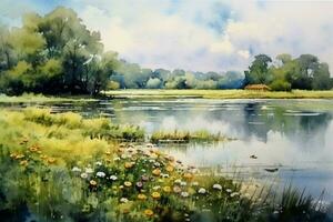 tranquil summer scenery a watercolor painting of photo