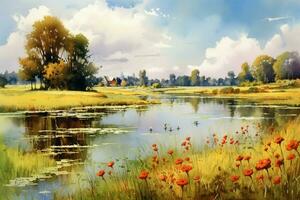 tranquil summer scenery a watercolor painting of photo