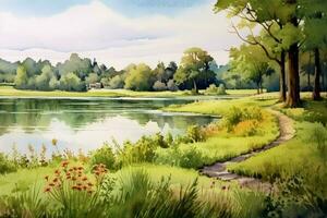 tranquil summer scenery a watercolor painting of photo