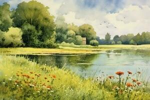 tranquil summer scenery a watercolor painting of photo