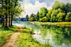 tranquil summer scenery a watercolor painting of photo