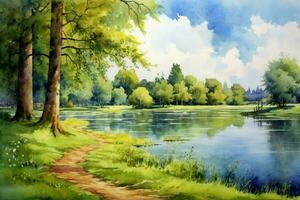 tranquil summer scenery a watercolor painting of photo