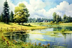 tranquil summer scenery a watercolor painting of photo